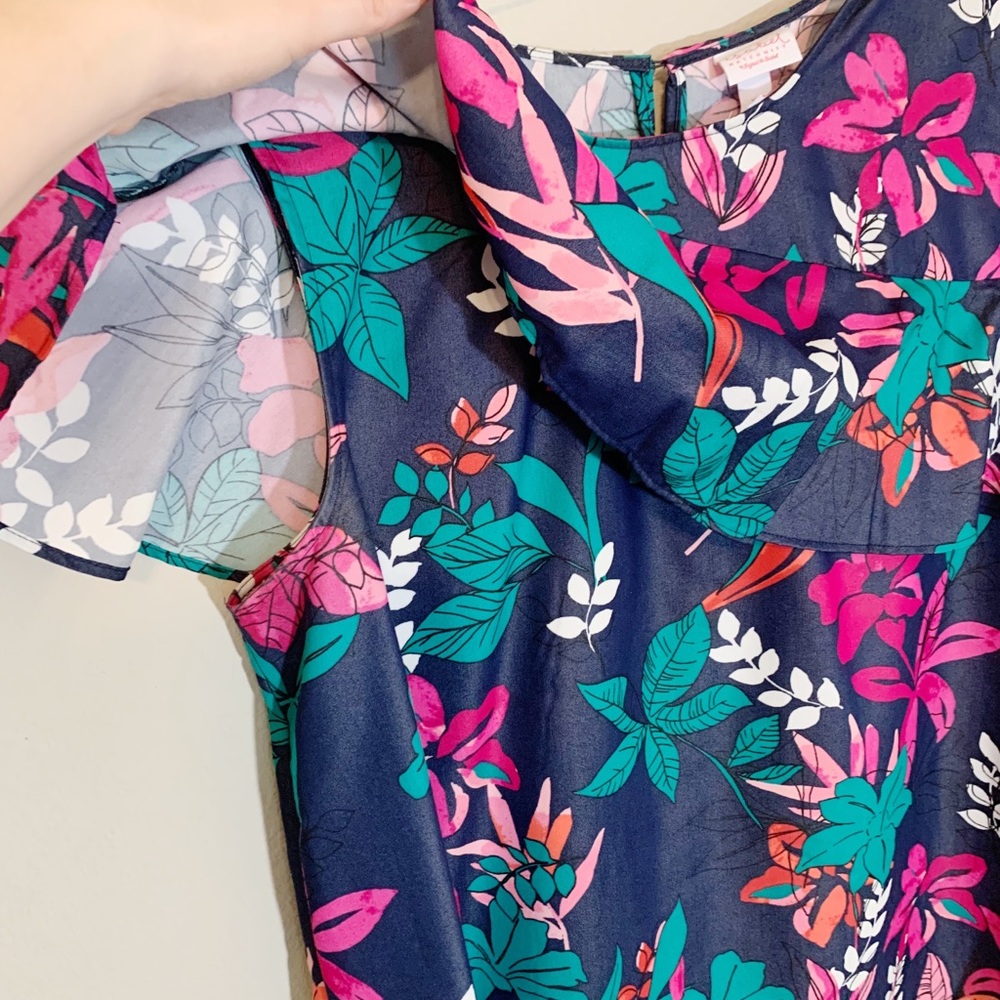Isabel Maternity (XL) Pink Navy Teal Floral Top with Cold Shoulder and ruffles - Picture 4 of 9